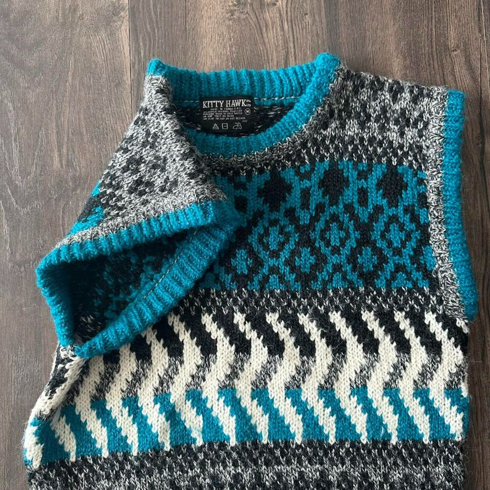 Vtg Kitty Hawk Knit Sweater Vest Sleeveless Chunky Pattern Wool Blend Sz Medium - Picture 2 of 4